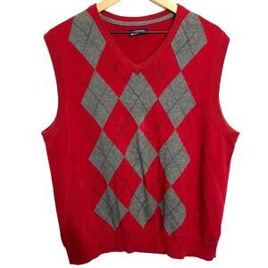 Vintage Mens Argyle Sweater Vest Large Red 100% Cotton Preppy Academia 90s 80s